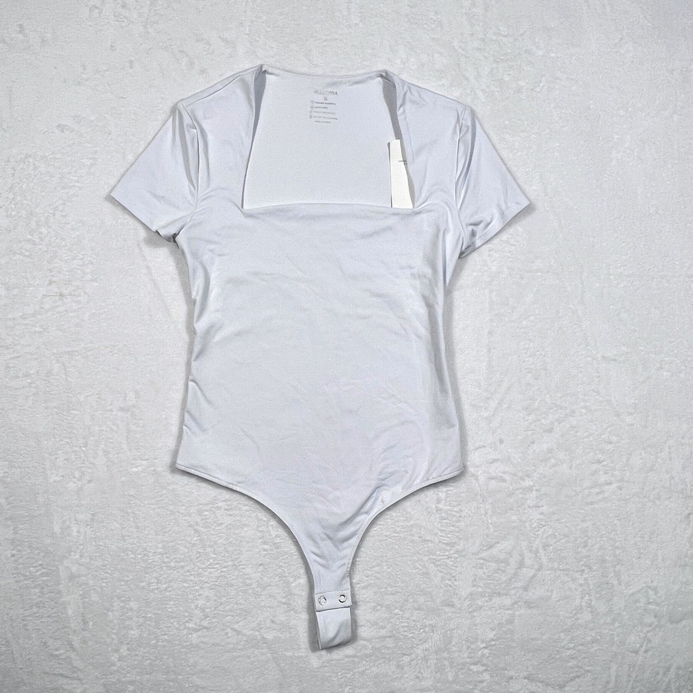 REORIA Womens White Square Neck Short Sleeve Thong Bodysuit Size S 1168